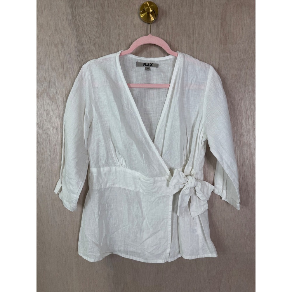 FLAX White Linen Wrap Blouse 3/4 Sleeve V-Neck Tie Waist Top Small